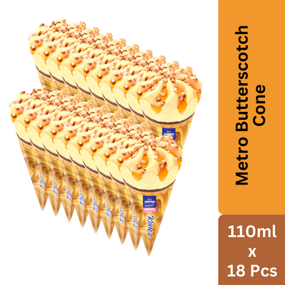 Keventer Metro Butterscotch Cone Frozen Dessert - 110ml (Pack of 18)
