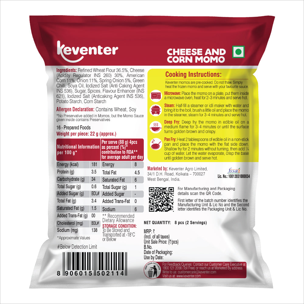 Keventer Cheese & Corn Momo - 8 Pcs