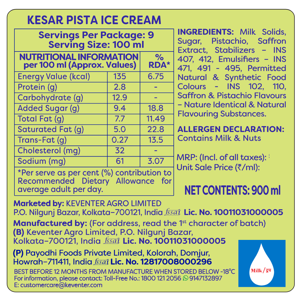 Keventer Metro Kesar Pista Party Pack Ice Cream - 900ml