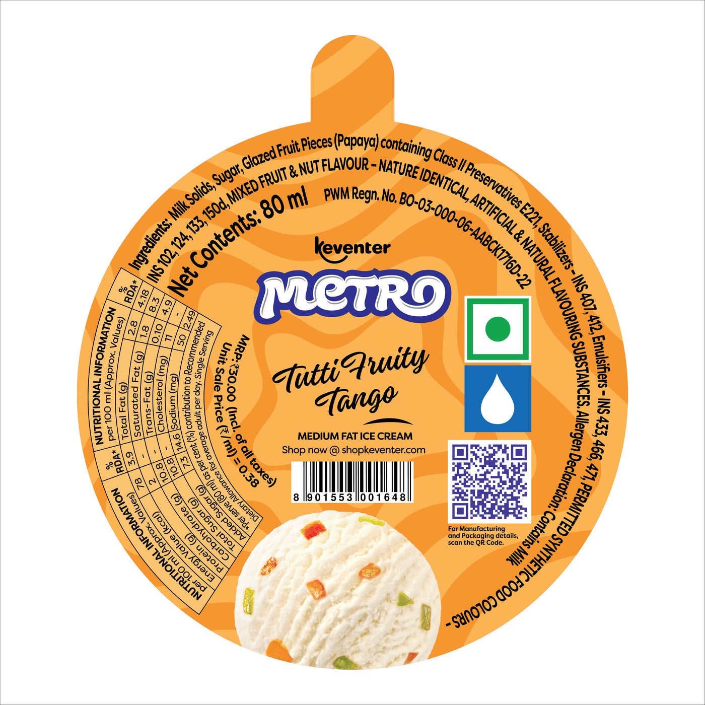 Keventer Metro Tutti Fruity Cup Ice Cream - 80ml