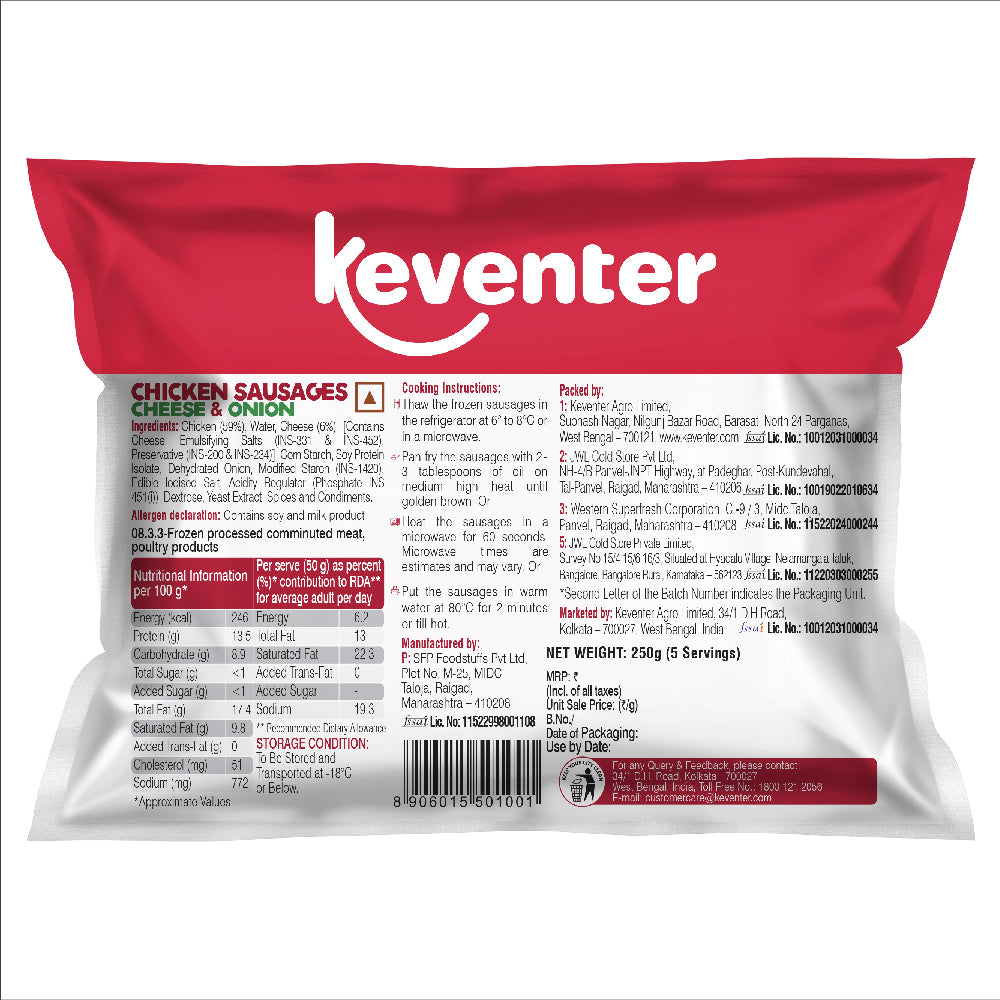 Keventer Chicken Sausages Cheese And Onion - 250 gms